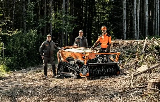 Drei Mitarbeiter neben einer orangefarbenen MDB Funkraupe mit Forstmulcher auf einer abgeholzten Waldfläche