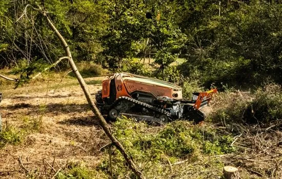 Funkraupe beim Zerkleinern von Astmaterial auf einer Freifläche