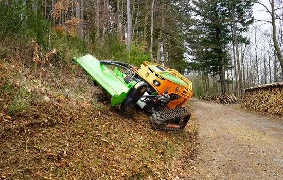 Funkraupe beim Mulchen einer Böschung an einem Waldweg