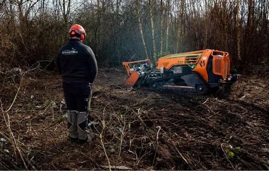 Mitarbeiter mit Fernsteuerung beobachtet die Funkraupe beim Mulchen von Gestrüpp