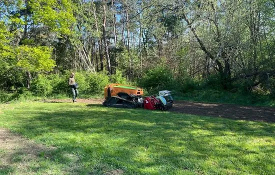 Funkraupe bei der Bodenbearbeitung auf einer Lichtung im Frühjahr